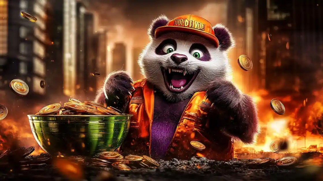 A cheerful panda character surrounded by golden coins, symbolizing wealth and good fortune with eg333.
