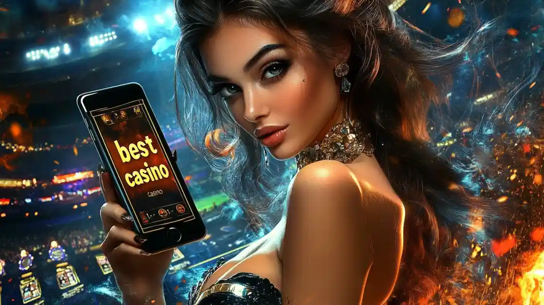 A woman holding a phone showcasing the eg333 casino app in a vibrant stadium-like setting.